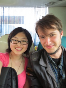 Simon + I on shuttle bus to airport
