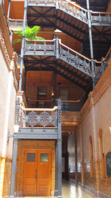 Interior of the Bradbury Building: French ironwork, Belgian marble, and Mexican tiles. 